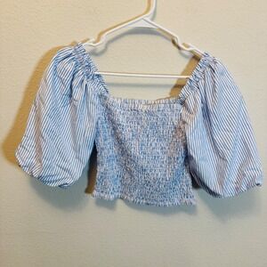 Steve Madden Smocked Striped‎ Crop Top Blue White Puff Sleeve Women's Size S